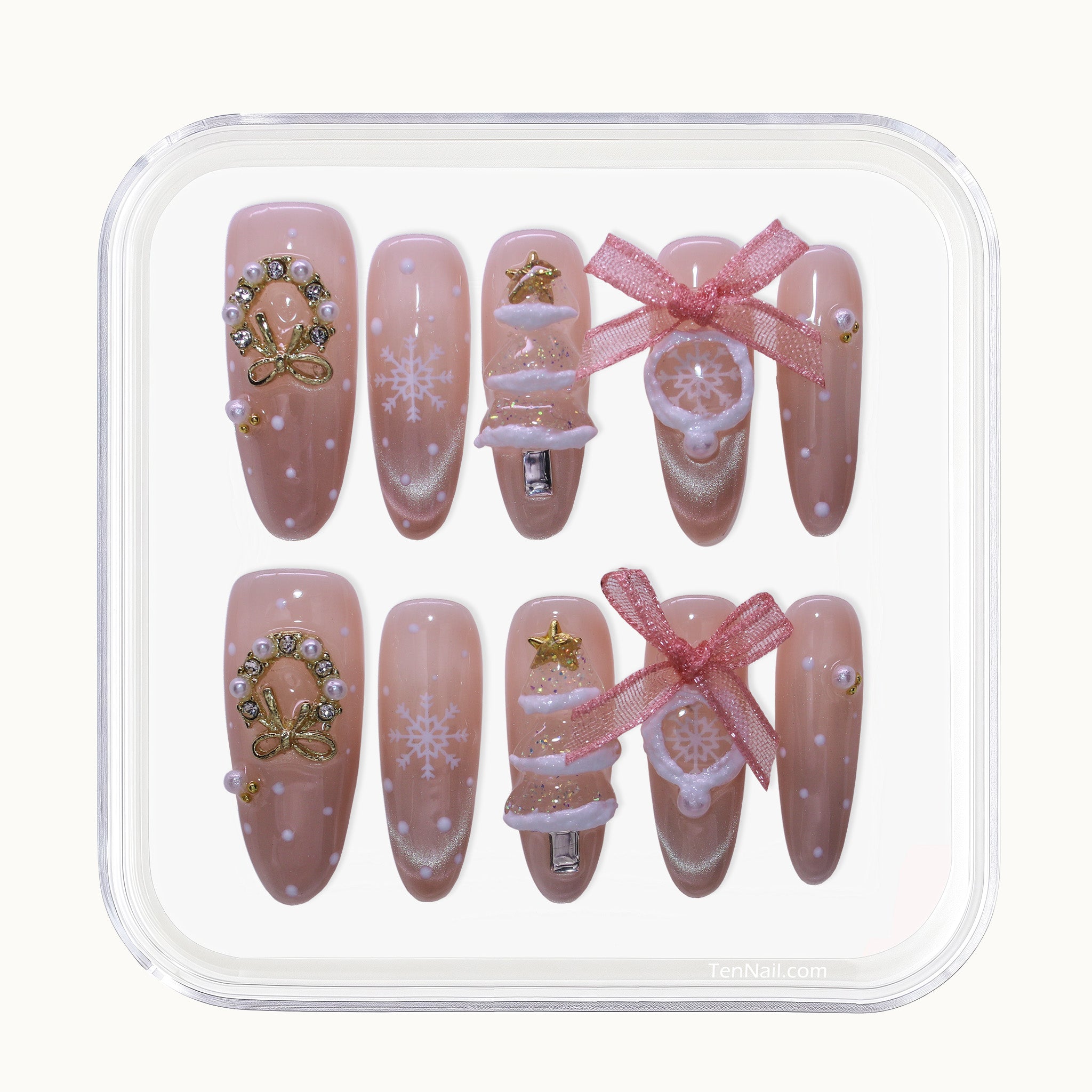 Long Oval Tennail press-ons with Cat Eye finish, 3D snow globes, rhinestones, and painted snowflakes.
